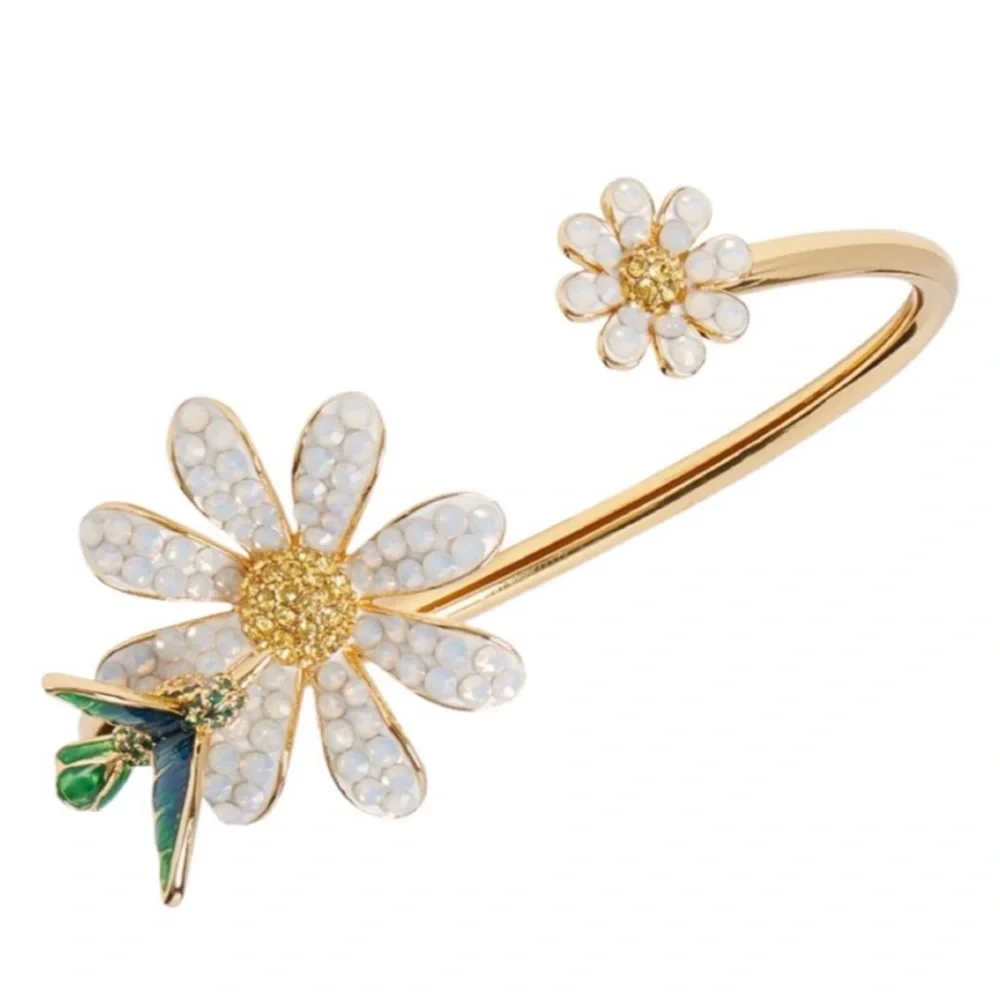 kate spade Gold Tone White Daisy Open Cuff Bracelet with Green Accent - Picture 3 of 4